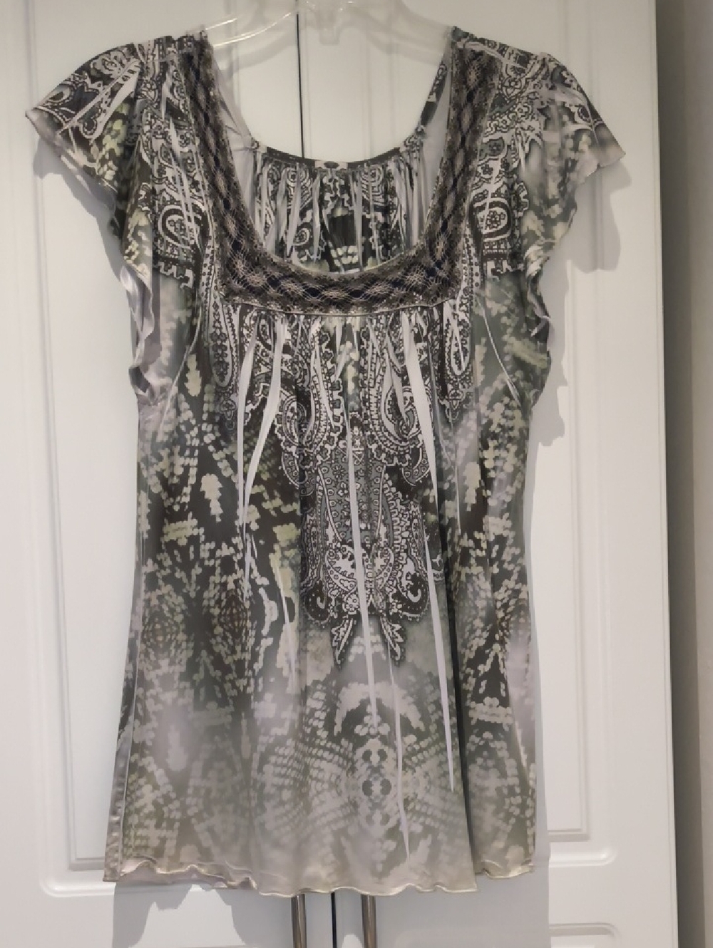 Women's Printed Square Neck Cap Sleeve Tunic Top - Olive & Gray